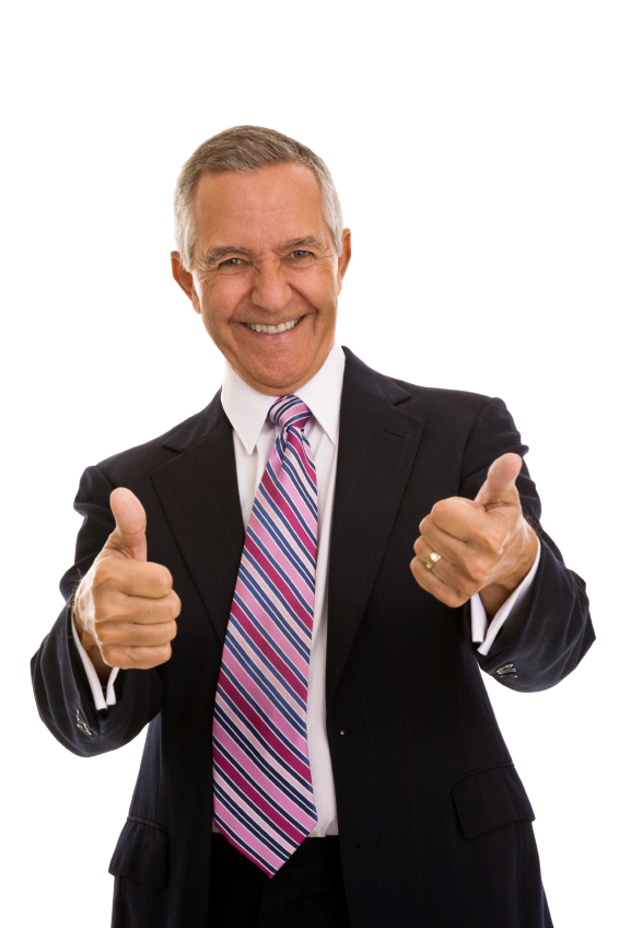 Senior businessman holding two thumbs up in agreement, isolated on white background