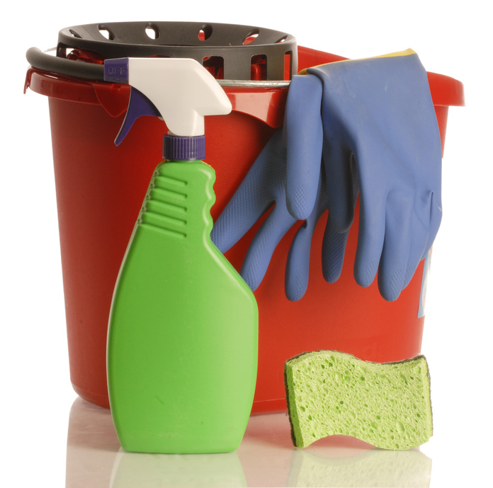 household cleaner with rubber gloves bucket and sponge..